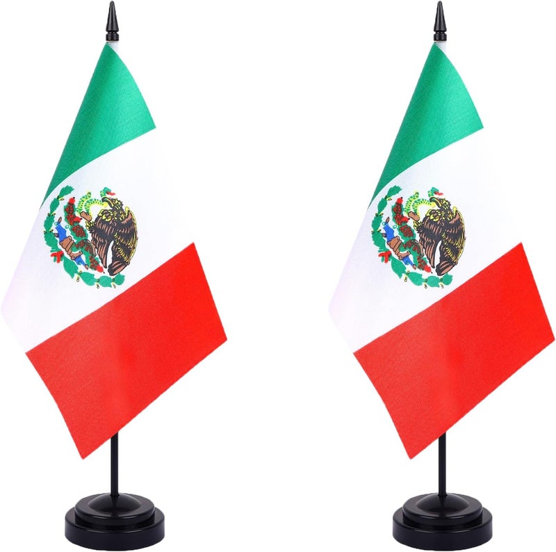 WXTWK 2 Pack Mexico Flag Mexico Deluxe Desk Flag Set - Mini Small Mexican Table Office Flags with Black 12" Solid Pole Stand Base Classroom Meeting Desktop Decorations - Image 1